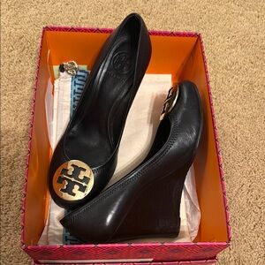 Tory Burch Black Wedges with Gold Accent